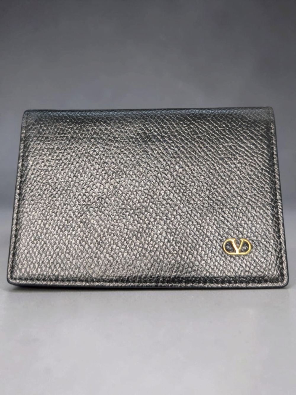 Valentino Garavani Black Pebbled Calf Skin Leather Bifold Card Wallet